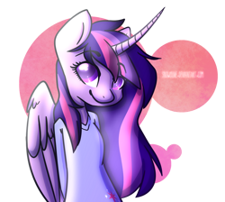 Size: 1024x917 | Tagged: safe, artist:snowolive, twilight sparkle, alicorn, anthro, g4, abstract background, alternate hairstyle, clothes, curved horn, cutie mark, cutie mark on clothes, eyebrows, eyebrows visible through hair, female, horn, long horn, shirt, simple background, smiling, solo, transparent background, twilight sparkle (alicorn)