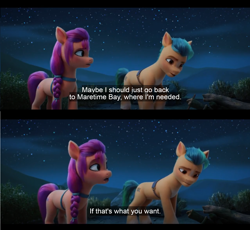 Size: 1600x1474 | Tagged: safe, edit, edited screencap, screencap, hitch trailblazer, sunny starscout, earth pony, pony, g5, my little pony: a new generation, spoiler:my little pony: a new generation, comic, english, english subtitles, female, male, mare, night, nightime, outdoors, screencap comic, stallion, stars, subtitles