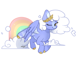 Size: 1024x867 | Tagged: safe, artist:afkcyrist, oc, oc only, pegasus, pony, blaze (coat marking), cloud, cloud mane, coat markings, colored hooves, commission, eyebrows, eyebrows visible through hair, facial markings, female, flying, laurel wreath, looking at you, mare, one eye closed, pegasus oc, rainbow, simple background, smiling, solo, spread wings, transparent background, wings