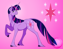 Size: 3300x2550 | Tagged: safe, artist:will-owl-the-wisp, twilight sparkle, classical unicorn, pony, unicorn, g4, abstract background, cloven hooves, cutie mark, cutie mark background, female, high res, horn, leonine tail, looking at you, mare, smiling, solo, tail, unicorn twilight, unshorn fetlocks, watermark
