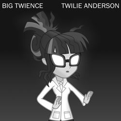 Size: 2000x2000 | Tagged: safe, artist:grapefruit-face, sci-twi, twilight sparkle, equestria girls, g4, album cover, black and white, equestria girls-ified album cover, glasses, grayscale, hand, high res, laurie anderson, monochrome, necktie, pun, show accurate, solo