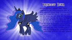 Size: 1280x719 | Tagged: safe, artist:andoanimalia, princess luna, alicorn, pony, g4, bio, crown, female, hoof shoes, horn, jewelry, looking at you, mare, regalia, smiling, solo, spread wings, standing, tail, teal eyes, text, vector, wings