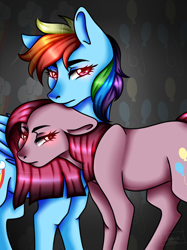 Size: 1080x1442 | Tagged: safe, artist:imperiaaa, pinkie pie, rainbow dash, earth pony, pegasus, pony, fanfic:cupcakes, fanfic:rainbow factory, g4, cutie mark, cutie mark background, duo, fanfic art, female, floppy ears, glowing, glowing eyes, lesbian, lidded eyes, looking at you, mare, pinkamena diane pie, rainbow factory dash, ship:pinkiedash, shipping