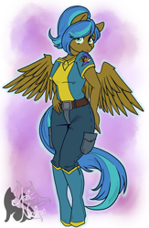 Size: 1891x2896 | Tagged: safe, artist:therealakineko, oc, oc only, pegasus, anthro, unguligrade anthro, abstract background, belt, boots, clothes, commission, cutie mark, cutie mark on clothes, female, jewelry, necklace, pouch, shoes, shy, solo, spread wings, uniform, wings