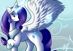 Size: 5000x3500 | Tagged: safe, artist:evianix, part of a set, rarity, alicorn, pony, abstract background, alicornified, cutie mark, diamond, female, glowing, glowing horn, horn, lidded eyes, magic, mare, princess rarity, race swap, raised hoof, raricorn, smiling, solo, spread wings, telekinesis, wings
