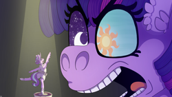 Size: 2560x1440 | Tagged: safe, artist:eleamorbid, starlight glimmer, twilight sparkle, pony, unicorn, a royal problem, g4, angry, ballerina, ballet slippers, curved horn, duo, ear fluff, female, horn, mare, micro, open mouth, scene interpretation, spotlight, wingding eyes, yelling