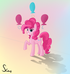 Size: 2102x2213 | Tagged: safe, artist:someonex64, pinkie pie, earth pony, pony, g4, cutie mark, cutie mark background, eyebrows, eyebrows visible through hair, female, grin, high res, lidded eyes, looking at you, mare, raised hoof, shadow, smiling, solo