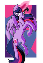 Size: 1024x1490 | Tagged: safe, artist:snowolive, part of a set, twilight sparkle, alicorn, pony, g4, abstract background, cutie mark, female, flying, glowing, glowing horn, horn, looking at you, mare, narrowed eyes, rearing, simple background, smiling, solo, spread wings, transparent background, twilight sparkle (alicorn), wings