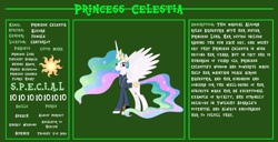 Size: 11720x6000 | Tagged: safe, artist:andoanimalia, artist:php170, princess celestia, alicorn, pony, fallout equestria, g4, bio, clothes, crown, cutie mark, fallout, fallout equestria: character guide, female, horn, jewelry, jumpsuit, looking at you, mare, pipboy, reference sheet, regalia, s.p.e.c.i.a.l., smiling, smiling at you, solo, spread wings, standing, tail, text, vault suit, vector, wings