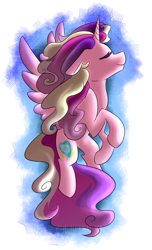 Size: 1024x1689 | Tagged: safe, artist:snowolive, princess cadance, alicorn, pony, g4, cutie mark, eyes closed, female, floppy ears, flying, mare, missing accessory, simple background, smiling, solo, spread wings, transparent background, windswept mane, wings