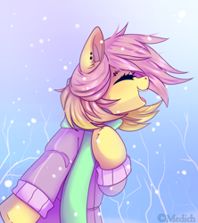 Size: 2241x2524 | Tagged: safe, artist:mediasmile666, oc, oc only, pony, clothes, ear piercing, eyes closed, high res, not fluttershy, open mouth, piercing, profile, scarf, smiling, snow, solo, winter