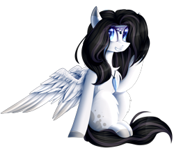 Size: 3000x2554 | Tagged: safe, artist:mediasmile666, oc, oc only, pegasus, pony, blank flank, chest fluff, coat markings, commission, eye clipping through hair, eye reflection, female, high res, jewelry, mare, necklace, reflection, sidemouth, simple background, sitting, smiling, solo, speedpaint available, transparent background