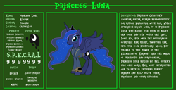 Size: 11720x6000 | Tagged: safe, artist:andoanimalia, artist:php170, princess luna, alicorn, pony, fallout equestria, g4, bio, clothes, crown, cutie mark, fallout, fallout equestria: character guide, female, horn, jewelry, jumpsuit, looking at you, mare, pipboy, reference sheet, regalia, s.p.e.c.i.a.l., smiling, smiling at you, solo, spread wings, standing, tail, teal eyes, text, vault suit, vector, wings