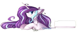 Size: 3000x1232 | Tagged: safe, artist:mediasmile666, oc, oc only, oc:magical brownie, pony, unicorn, bottle, bust, ethereal mane, eye clipping through hair, eye reflection, female, floppy ears, gift art, jewelry, liquid, liquid pony, long mane, looking back, mare, melting, necklace, open mouth, pony in a bottle, profile, reflection, simple background, solo, starry mane, transparent background