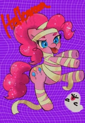 Size: 820x1180 | Tagged: safe, artist:veryjelly123, pinkie pie, earth pony, ghost, pony, undead, g4, bipedal, clothes, costume, female, halloween, halloween costume, holiday, mummy, mummy costume, solo, tongue out