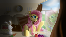 Size: 1920x1080 | Tagged: safe, artist:fluttersheeeee, angel bunny, fluttershy, pony, rabbit, g4, animal, apple, basket, berry, candle, carrot, clock, curtains, duo, female, food, herbivore, mare, reflection, window