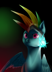 Size: 1494x2043 | Tagged: safe, artist:fixielle, rainbow dash, pegasus, pony, g4, abstract background, alternate hairstyle, badass, ball lightning, female, helmet, lightning, mare, mohawk, narrowed eyes, one wing out, solo, wings