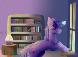 Size: 1223x894 | Tagged: safe, artist:fixielle, twilight sparkle, alicorn, butterfly, pony, g4, book, bookshelf, chest fluff, cutie mark, ear fluff, female, glasses, leaning, leg fluff, looking at you, mare, solo, stars, twilight sparkle (alicorn), window