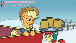 Size: 1920x1080 | Tagged: safe, artist:mkogwheel, apple bloom, applejack, earth pony, pony, g4, advertisement, animated, apple sisters, cider, clothes, duo, female, filly, hat, hoof hold, it's a pony kind of christmas, jacket, mare, mug, patreon, scarf, siblings, singing, sisters, snow, sound, subscribestar, teary eyes, watermark, webm, winter