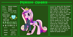 Size: 11720x6000 | Tagged: safe, artist:andoanimalia, artist:php170, princess cadance, alicorn, pony, fallout equestria, g4, bio, clothes, crown, cutie mark, fallout, fallout equestria: character guide, female, horn, jewelry, jumpsuit, looking at you, mare, multicolored mane, multicolored tail, pipboy, purple eyes, raised hoof, reference sheet, regalia, s.p.e.c.i.a.l., solo, standing, tail, text, vault suit, vector