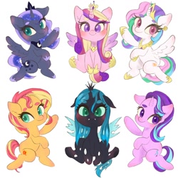Size: 1280x1280 | Tagged: safe, artist:h2o_omz, part of a set, princess cadance, princess celestia, princess luna, queen chrysalis, starlight glimmer, sunset shimmer, alicorn, changeling, changeling queen, pony, unicorn, cute, cutealis, cutedance, cutelestia, female, glimmerbetes, looking at you, lunabetes, mare, princess, shimmerbetes, simple background, spread wings, white background, wings