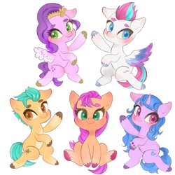 Size: 1280x1280 | Tagged: safe, artist:veryjelly123, part of a set, hitch trailblazer, izzy moonbow, pipp petals, sunny starscout, zipp storm, earth pony, pegasus, pony, unicorn, g5, my little pony: a new generation, adorapipp, adorazipp, cute, female, hitchbetes, izzybetes, looking at you, male, mane five, simple background, spread wings, sunnybetes, white background, wings