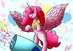 Size: 5000x3500 | Tagged: safe, artist:evianix, part of a set, pinkie pie, alicorn, pony, g4, alicornified, alternate hairstyle, cutie mark background, eyes closed, female, mare, party cannon, peytral, pinkiecorn, princess pinkie pie, race swap, rearing, smiling, solo, spread wings, tongue out, wings, xk-class end-of-the-world scenario