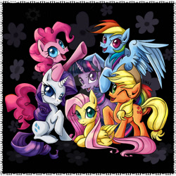 Size: 900x900 | Tagged: safe, artist:turonie, applejack, fluttershy, pinkie pie, rainbow dash, rarity, twilight sparkle, earth pony, pegasus, pony, unicorn, abstract background, cute, cutie mark, deviantart watermark, female, looking at you, mane six, mane six opening poses, mare, obtrusive watermark, one eye closed, open mouth, raised hoof, redraw, remake, smiling, unicorn twilight, watermark, wink