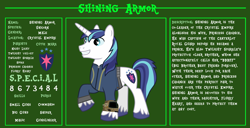 Size: 11720x6000 | Tagged: safe, artist:php170, shining armor, pony, unicorn, fallout equestria, g4, bio, clothes, cutie mark, fallout, fallout equestria: character guide, horn, jumpsuit, male, pipboy, raised hoof, reference sheet, s.p.e.c.i.a.l., smiling, solo, stallion, tail, text, unshorn fetlocks, vault suit, vector