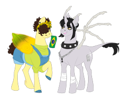 Size: 2935x2320 | Tagged: safe, artist:theartfox2468, oc, oc only, oc:grimm fable, oc:sol shines, alicorn, pegasus, pony, alicorn oc, bandage, bandana, bone, brazil, chess piece, choker, clothes, curved horn, deaf, duo, ear piercing, earring, eyeshadow, female, flag, grim reaper, grin, hair over one eye, hearing aid, high res, horn, jewelry, leonine tail, lip piercing, makeup, mare, mouth hold, necklace, open mouth, overalls, piercing, raised hoof, shorts, simple background, smiling, spiked choker, sweater, tail, transparent background, unshorn fetlocks, wings