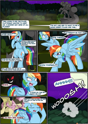 Size: 2893x4092 | Tagged: safe, artist:novaspark, part of a set, fluttershy, rainbow dash, bat pony, comic:going batty, g4, bat ponified, bat wings, comic, dialogue, everfree forest, eyes closed, floppy ears, flutterbat, gritted teeth, head scratch, open mouth, race swap, red eyes, sharp teeth, sneaking, statue, teeth, wings, yelling