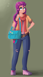 Size: 1100x2000 | Tagged: safe, artist:biocrine, sunny starscout, equestria girls, g4, g5, my little pony: a new generation, backpack, belt, boots, button, clothes, cutie mark, cutie mark on clothes, equestria girls-ified, g5 to equestria girls, g5 to g4, generation leap, jacket, jeans, pants, pigtails, pin, ripped jeans, ripped pants, satchel, scarf, shoes, torn clothes