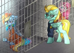 Size: 2974x2100 | Tagged: safe, artist:severe acrophobia, lightning dust, pinkie pie, rainbow dash, earth pony, pegasus, pony, g4, bound wings, cell, chained, clothes, high res, jail, jail cell, never doubt rainbowdash69's involvement, officer ld, pinkamena diane pie, police uniform, prison, prison outfit, prisoner pp, prisoner rd, smiling, smirk, wings