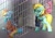 Size: 2974x2100 | Tagged: safe, artist:severe acrophobia, lightning dust, pinkie pie, rainbow dash, earth pony, pegasus, pony, g4, bound wings, cell, chained, clothes, high res, jail, jail cell, never doubt rainbowdash69's involvement, officer ld, pinkamena diane pie, police uniform, prison, prison outfit, prisoner pp, prisoner rd, smiling, smirk, wings