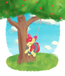 Size: 3100x3600 | Tagged: safe, artist:litrojia, apple bloom, earth pony, pony, g4, apple, apple tree, atg 2019, eyes closed, female, filly, food, high res, newbie artist training grounds, smiling, solo, swing, tire, tire swing, tree
