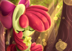 Size: 2828x2000 | Tagged: safe, artist:fluorbaryt, apple bloom, earth pony, pony, g4, female, filly, flower, forest, high res, solo