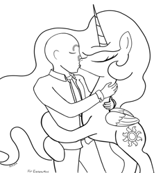 Size: 1764x1877 | Tagged: safe, artist:notawriteranon, princess celestia, oc, oc:anon, alicorn, human, pony, g4, art trade, black and white, commission, embrace, female, grayscale, kiss on the lips, kissing, male, monochrome, simple background, white background