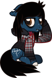 Size: 788x1189 | Tagged: safe, artist:lightningbolt, derpibooru exclusive, pony, undead, zombie, zombie pony, g4, .svg available, bags under eyes, bloodshot eyes, bone, clothes, drop dead clothing, ears back, fangs, frown, hood, hoodie, lip piercing, looking back, oliver sykes, piercing, ponified, raised hoof, scar, show accurate, simple background, sitting, solo, stitches, svg, tattoo, torn ear, transparent background, vector