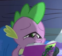 Size: 572x513 | Tagged: safe, screencap, mane-iac, spike, dragon, g4, power ponies (episode), comic book, cropped, faic, lidded eyes, male, power ponies, reading, solo