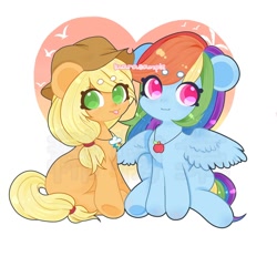 Size: 1000x1000 | Tagged: safe, artist:罗拉跑不掉, applejack, rainbow dash, earth pony, pegasus, pony, g4, :p, beanbrows, colored pupils, cute, cutie mark accessory, cutie mark necklace, dashabetes, eyebrows, female, jackabetes, jewelry, lesbian, necklace, round ears, ship:appledash, shipping, tongue out, watermark
