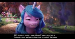 Size: 1600x830 | Tagged: safe, edit, edited screencap, screencap, izzy moonbow, pony, unicorn, g5, my little pony: a new generation, bridlewood, english, forest, solo, squint, text