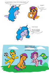 Size: 940x1418 | Tagged: safe, artist:ddenver, hitch trailblazer, izzy moonbow, pipp petals, sunny starscout, earth pony, pegasus, pony, unicorn, g5, my little pony: a new generation, 1000 hours in ms paint, bipedal, brazil, comic, crying, cute, female, flag, football, funny, male, mare, ms paint, portuguese, sad face, speech bubble, sports, stallion, standing, standing on one leg, you're going to brazil