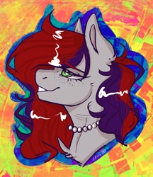 Size: 1773x2048 | Tagged: safe, artist:holomouse, oc, oc only, oc:evening prose, pegasus, pony, bust, female, freckles, jewelry, mare, necklace, pearl necklace