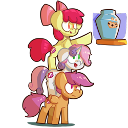 Size: 1000x1000 | Tagged: safe, artist:ronin20181, apple bloom, scootaloo, sweetie belle, earth pony, pegasus, pony, unicorn, g4, cookie, cookie jar, cutie mark crusaders, food, pony pile, reaching, simple background, tower of pony, transparent background