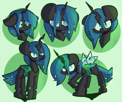 Size: 1200x1000 | Tagged: safe, artist:ronin20181, queen chrysalis, changeling, changeling queen, g4, abstract background, cute, cutealis, female, floppy ears, horn, looking at you, multiple images, quadrupedal, solo, tail, wings