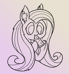 Size: 1624x1760 | Tagged: safe, artist:neonshy02, fluttershy, pegasus, pony, g4, atg 2020, bust, cute, daaaaaaaaaaaw, ear fluff, eating, food, hoof hold, lineart, newbie artist training grounds, pizza, shyabetes, solo