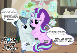 Size: 2360x1640 | Tagged: safe, artist:mommymidday, party favor, starlight glimmer, pony, turtle, unicorn, g4, abdl, adult foal, baby powder, building blocks, desaturated, dialogue, diaper, diaper fetish, equal cutie mark, equalized, evil starlight, female, fetish, foal powder, glowing, glowing horn, horn, kink, levitation, magic, magic aura, male, mommy kink, non-baby in diaper, pacifier, plushie, pouty lips, puppy dog eyes, s5 starlight, show accurate, signature, telekinesis, toy, two toned mane