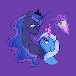 Size: 1200x1200 | Tagged: safe, artist:dandy_pony, princess luna, trixie, alicorn, pony, unicorn, g4, blushing, bouquet, bust, ethereal mane, eye clipping through hair, eyebrows, eyebrows visible through hair, female, flower, glowing, glowing horn, heart eyes, horn, jewelry, lesbian, levitation, looking at each other, looking at someone, luxie, magic, magic aura, mare, purple background, shipping, simple background, smiling, smiling at each other, telekinesis, tiara, wingding eyes, wings