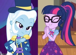 Size: 693x500 | Tagged: safe, edit, edited screencap, screencap, sci-twi, trixie, twilight sparkle, equestria girls, equestria girls specials, g4, my little pony equestria girls: better together, my little pony equestria girls: holidays unwrapped, my little pony equestria girls: spring breakdown, the cider louse fools, female, lesbian, ship:sci-twixie, ship:twixie, shipping, shipping domino
