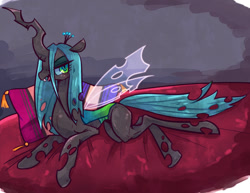 Size: 1100x850 | Tagged: safe, artist:awbt, queen chrysalis, changeling, changeling queen, g4, female, lying down, pillow, solo